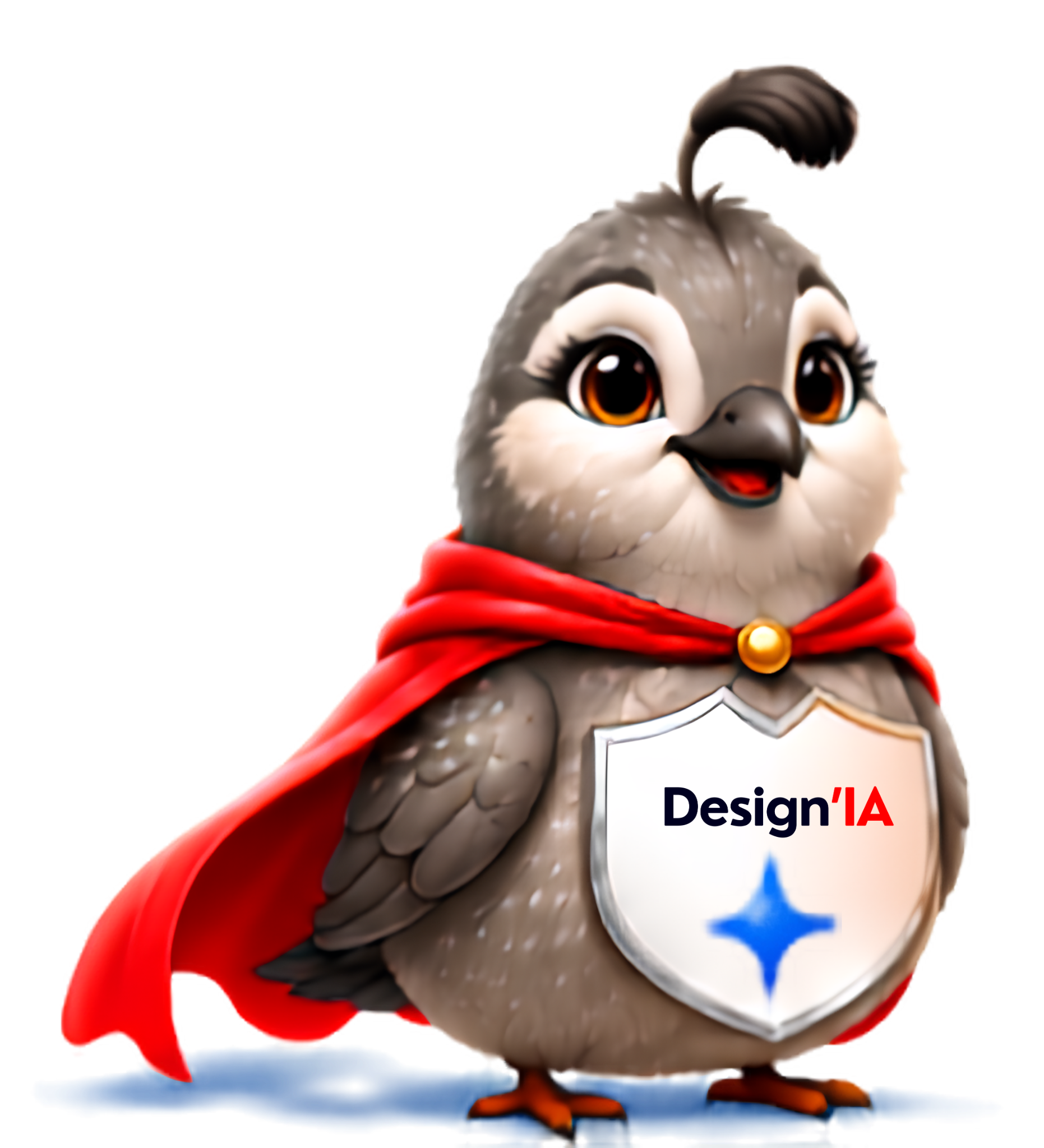 Mascotte Design’IA, une petite caille grise avec une cape rouge et un blason Design’IA